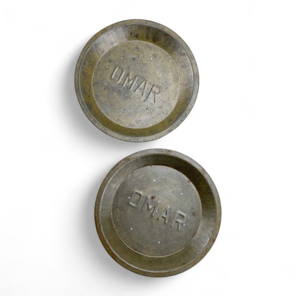 2 Vintage OMAR Pie Tin 8" Round Metal Vented Advertising Baking Bakeware​